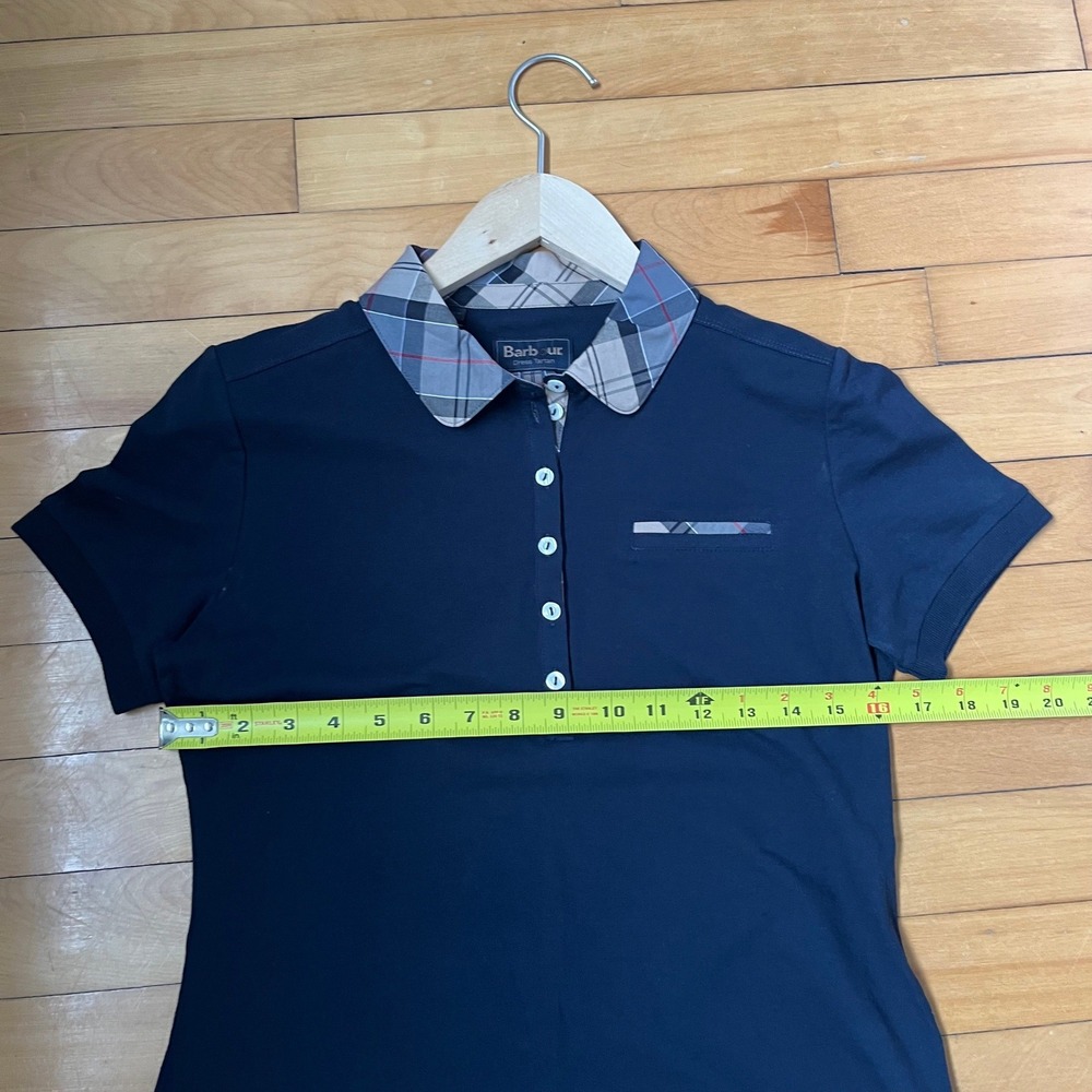 Barbour Womens Navy Blue Dress Tartan Trim Pique Polo Shirt Short Sleeve - Picture 4 of 7